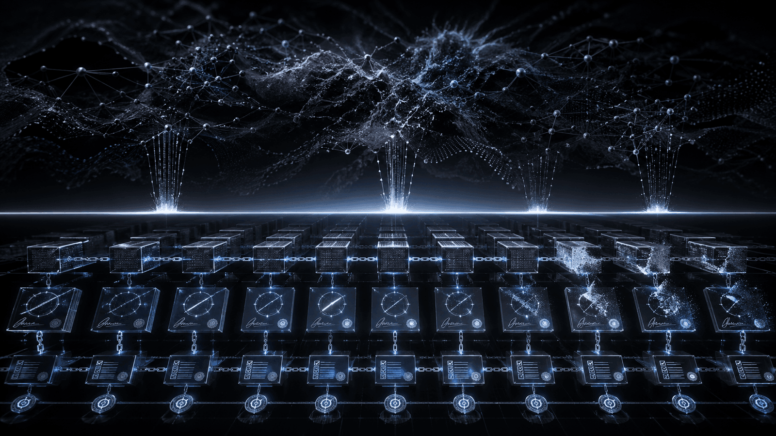 Nine Seconds to Erase Three Months Diagram of a layered AI governance architecture. A starfield of agent activity is separated from the infrastructure below by a glowing horizontal boundary. Beneath the boundary, four stacked layers: chained policy blocks, signed policy artifacts, hexagonal scoped credentials, and a continuous evidence chain at the base.